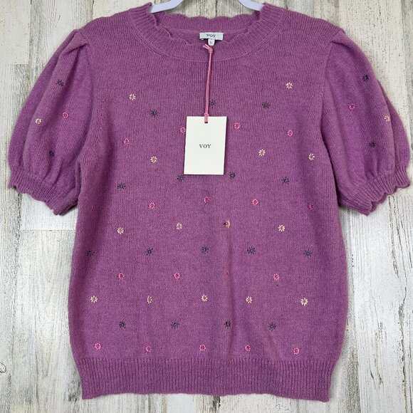 NWT VOY Embroidered Knit Sweater Womens Large Purple Pastel Coquette Floral Top - Picture 1 of 9